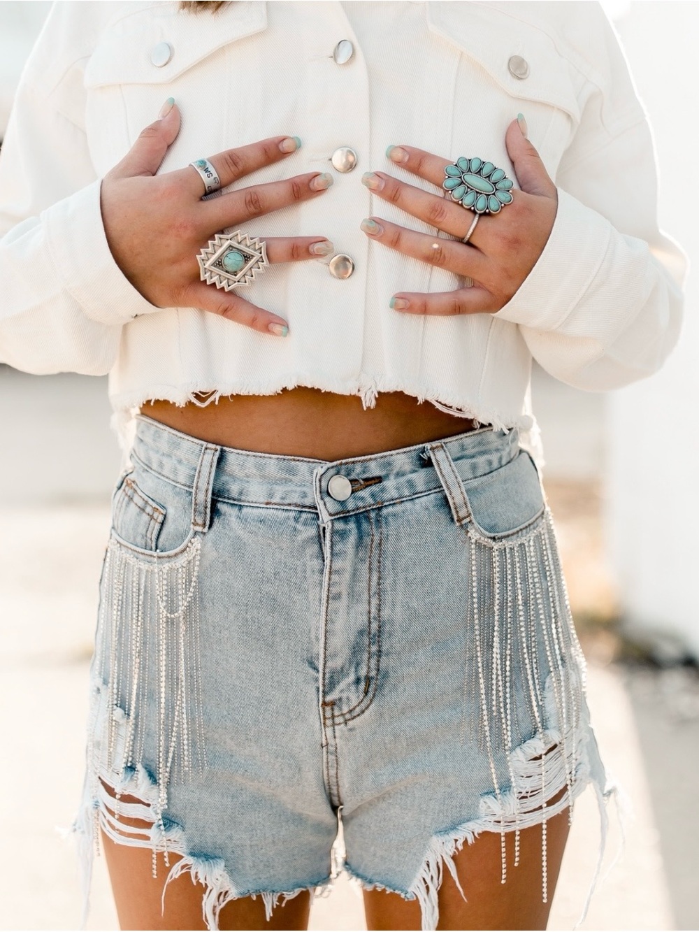 High-Rise Light Wash Denim Fringe Short